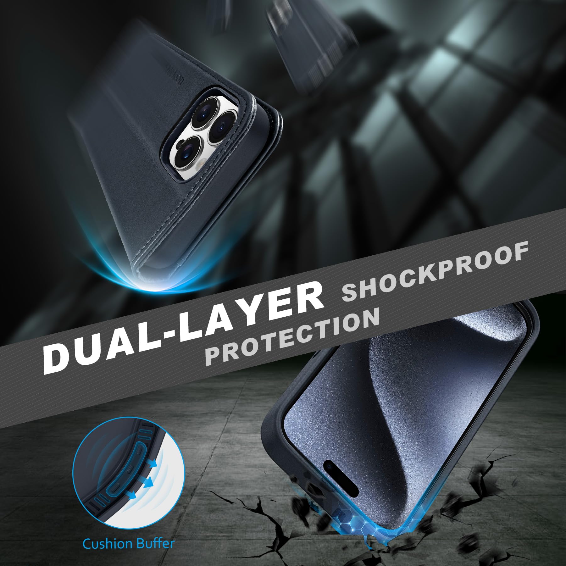 SHIELDON Custodia per iPhone 15 Pro Max, Custodia a Portafoglio Rimovibile Magnetica 2 in 1 in Vera Pelle con [Slot per Schede] [Blocco RFID] Cover Compatibile con iPhone 15 Pro Max - Blu Navy
