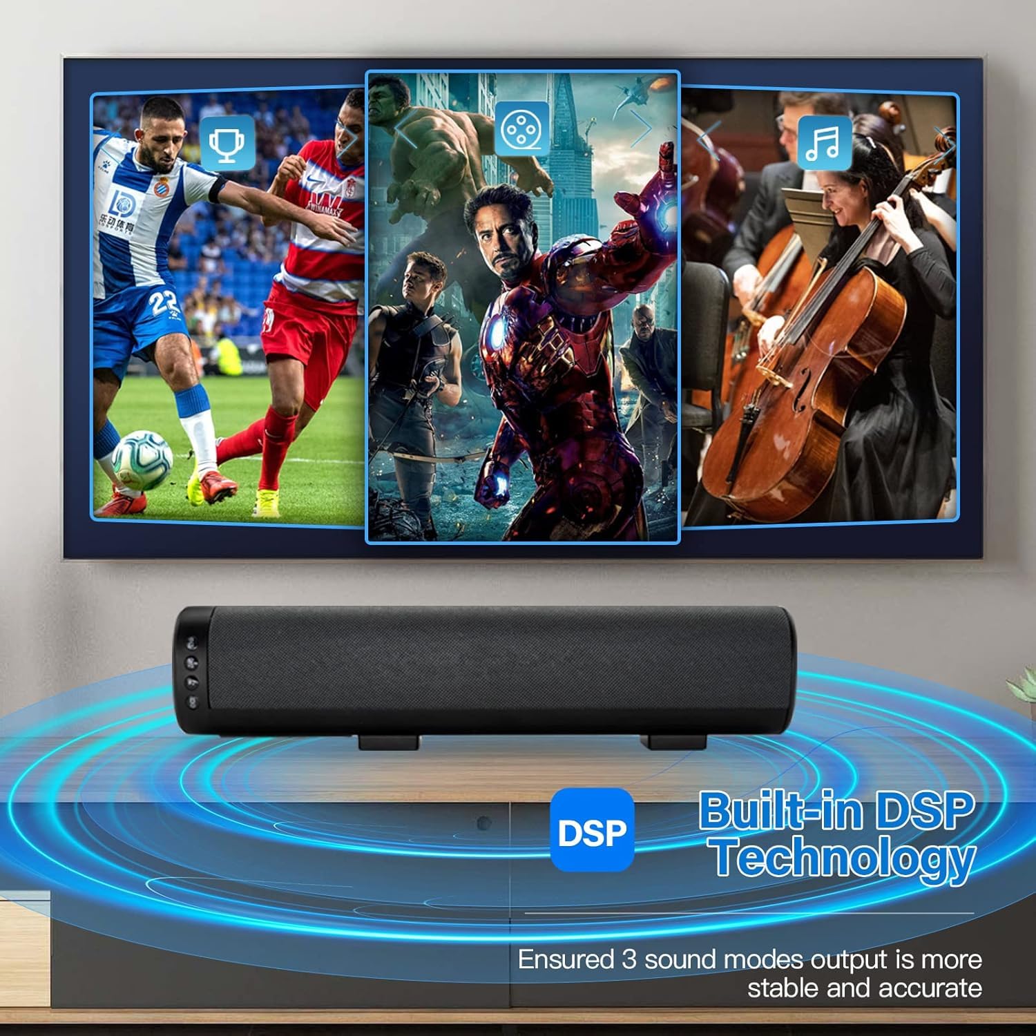 Soundbar do telewizora 40.6 cm, Cinematic TV Bluetooth Sound Bar z imponującym basem z pilotem zdalnego sterowania, montowany na ścianie, soundbar współpracuje z tradycyjnym lub Smart TV, komputerem