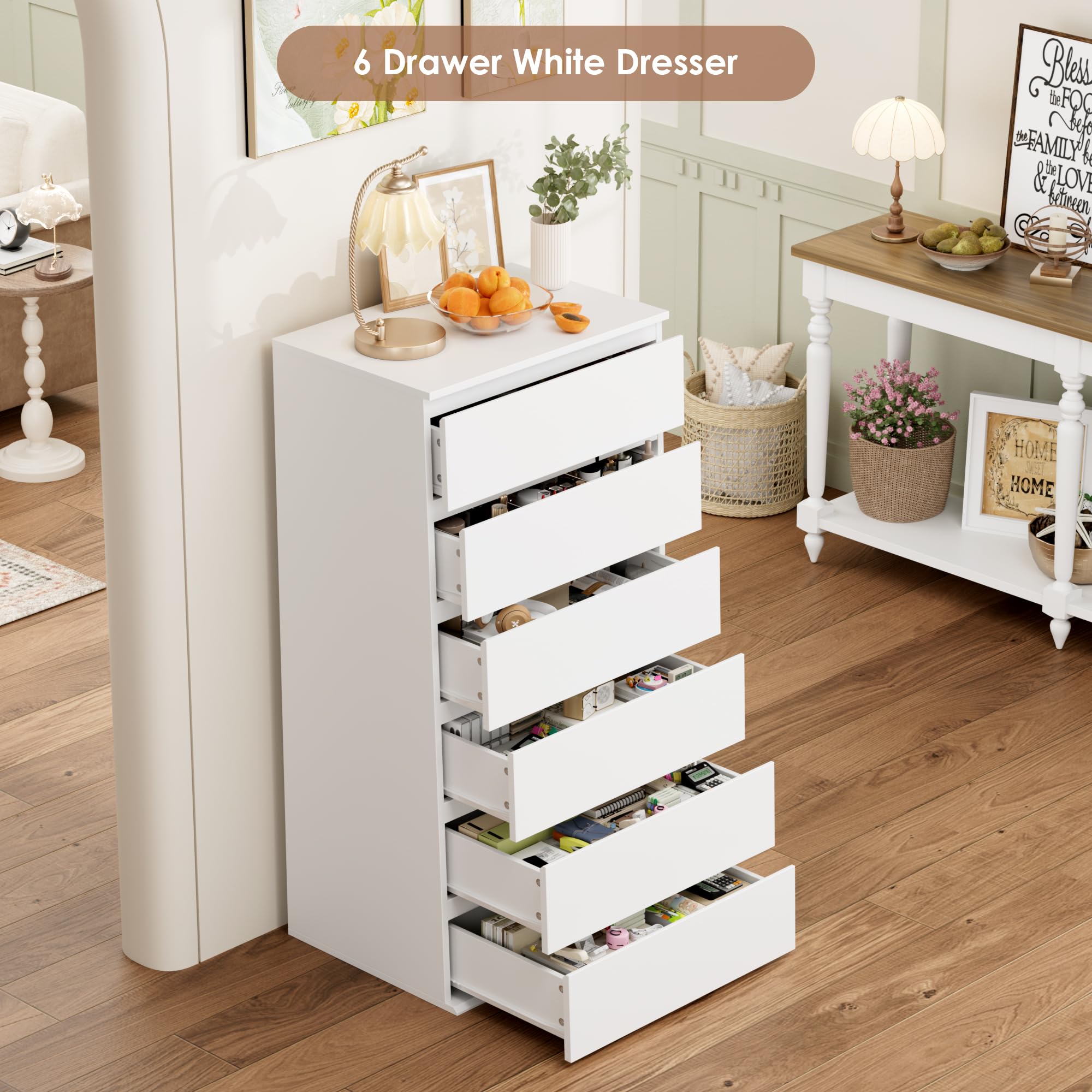 FOTOSOK White Dresser, 6 Drawer Dresser with Handleless Drawer Cabinet