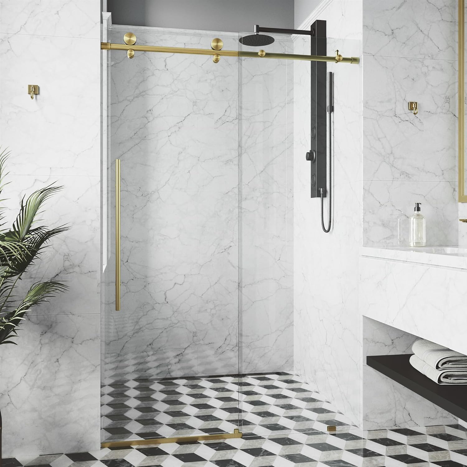 VIGO Elan E-Class 52 to 56 in. W x 76 in. H Sliding Frameless Shower Door in Matte Brushed Gold with 3/8 Clear Glass-VG6021MGCL5676