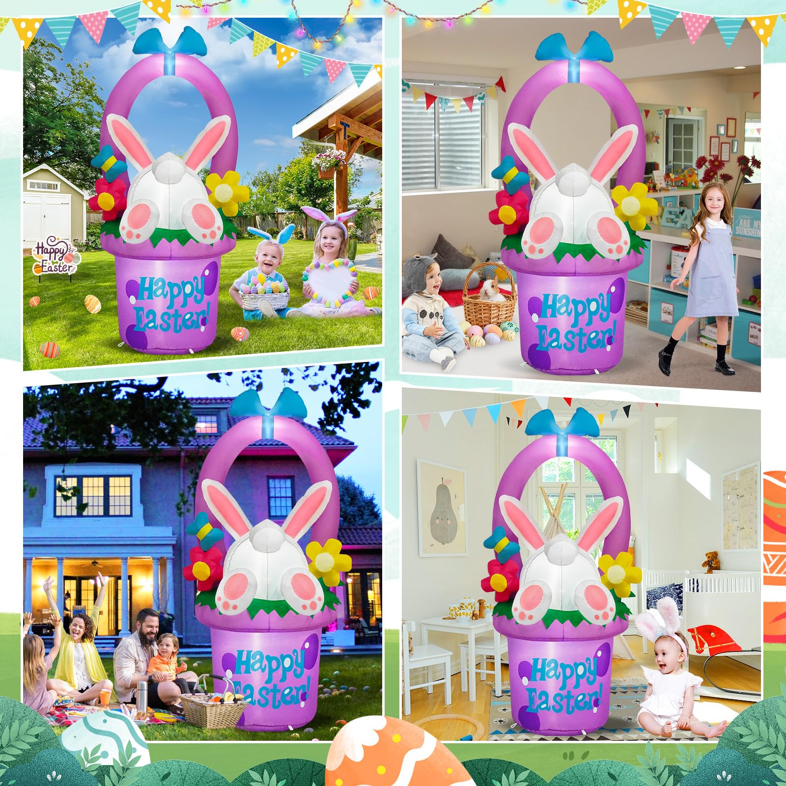 MICOCAH Decorazioni pasquali gonfiabili per esterni, 1,8 m, coniglietto pasquale gonfiabile nascosto nel cesto di fiori, luci LED integrate, simpatiche decorazioni da giardino per feste primaverili e