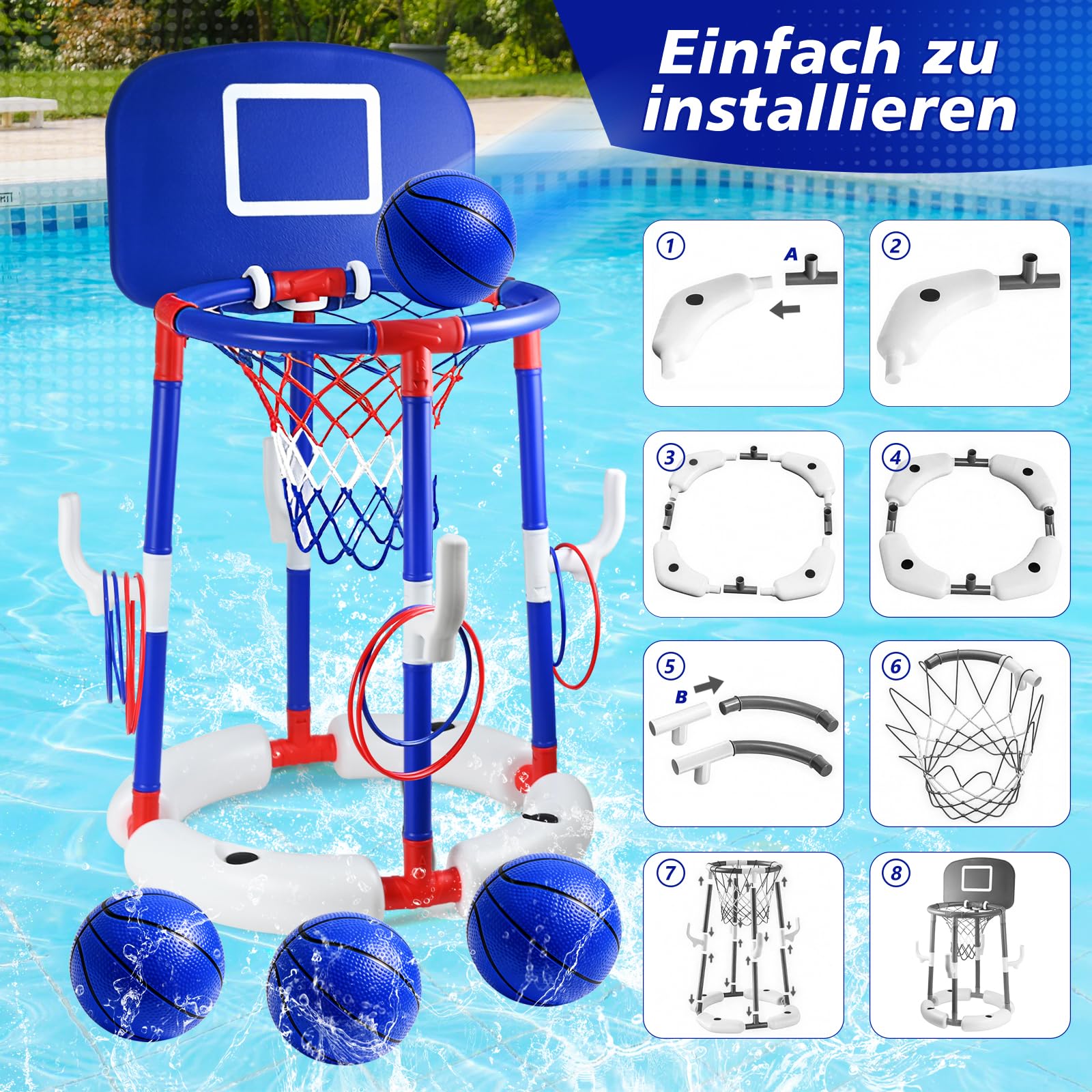Joellfuner Canestro da Basket per Piscina, Canestro Piscina Galleggiante, Set da Canestro Basket Piscina, con 6 Palloni e Pompa, Gioco Acqua Cerchi da Lancio, Giochi Piscina per Bambini Adulti (Blu)