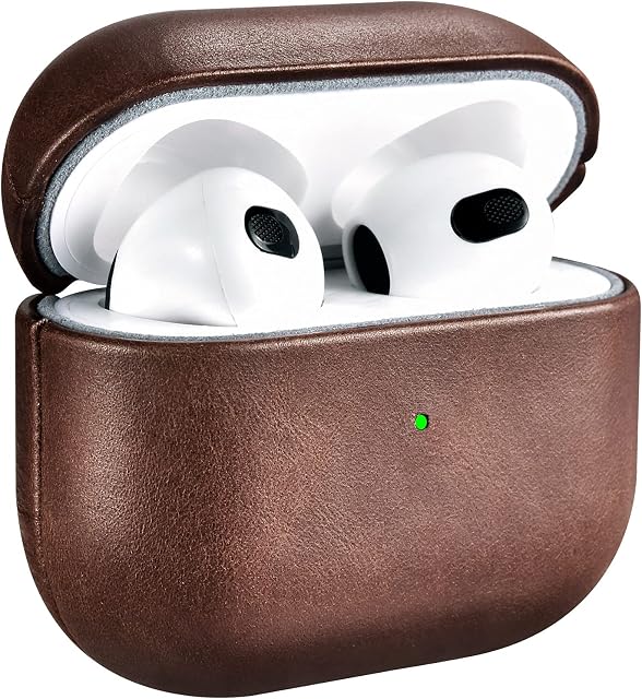 Leather Case for AirPods 3(October 2021) ICARERSPACE Premium Genuine Leather Shockproof Protective Case Cover for Apple AirPods 3 Earphones Charging Case (LED Visible) Support Wireless Charger BROWN