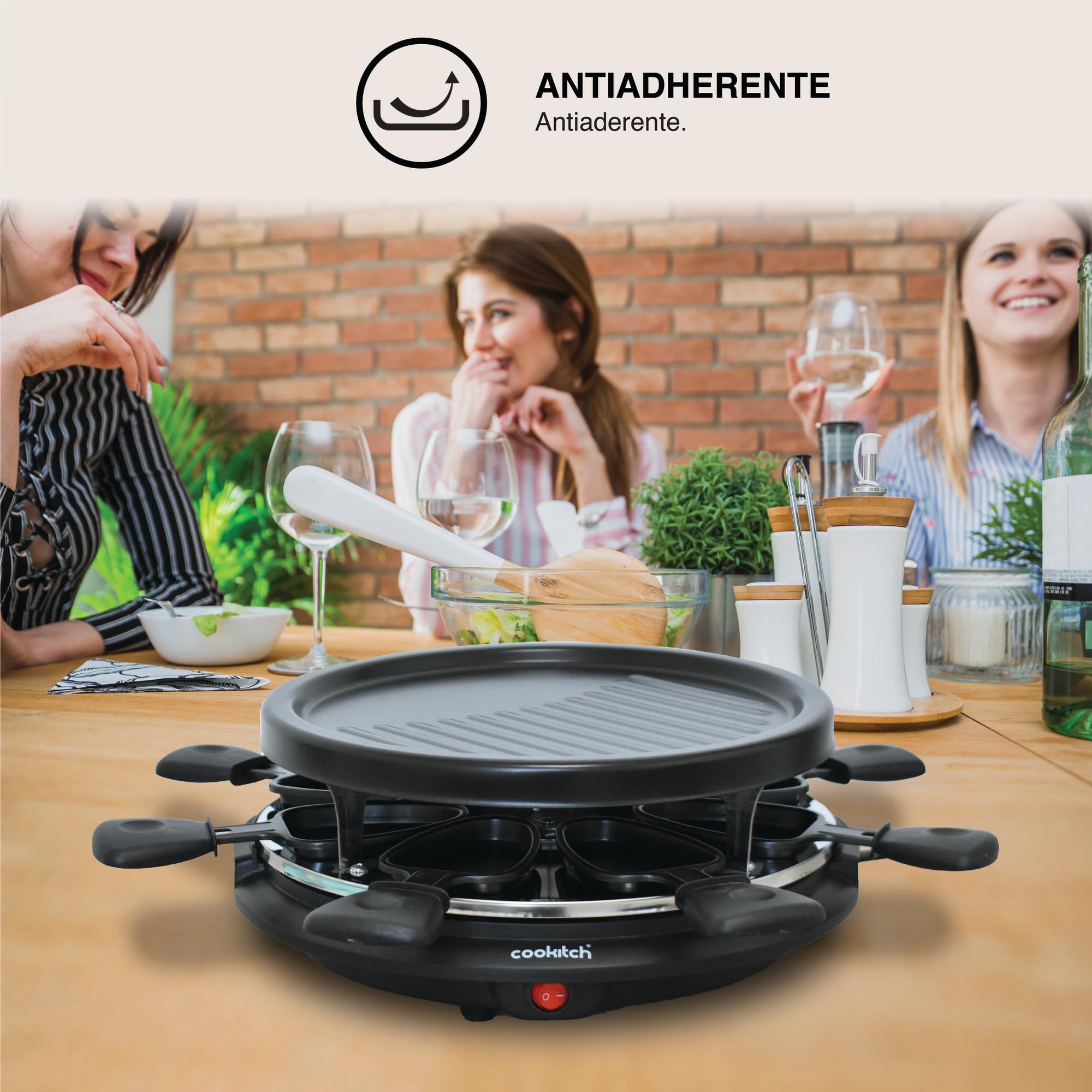 Raclette 8 Personas - Plancha Redonda Grill Antiadherente y 8 Sartenes, Parrilla eléctrica para asar Carne, Verduras y fundir Queso