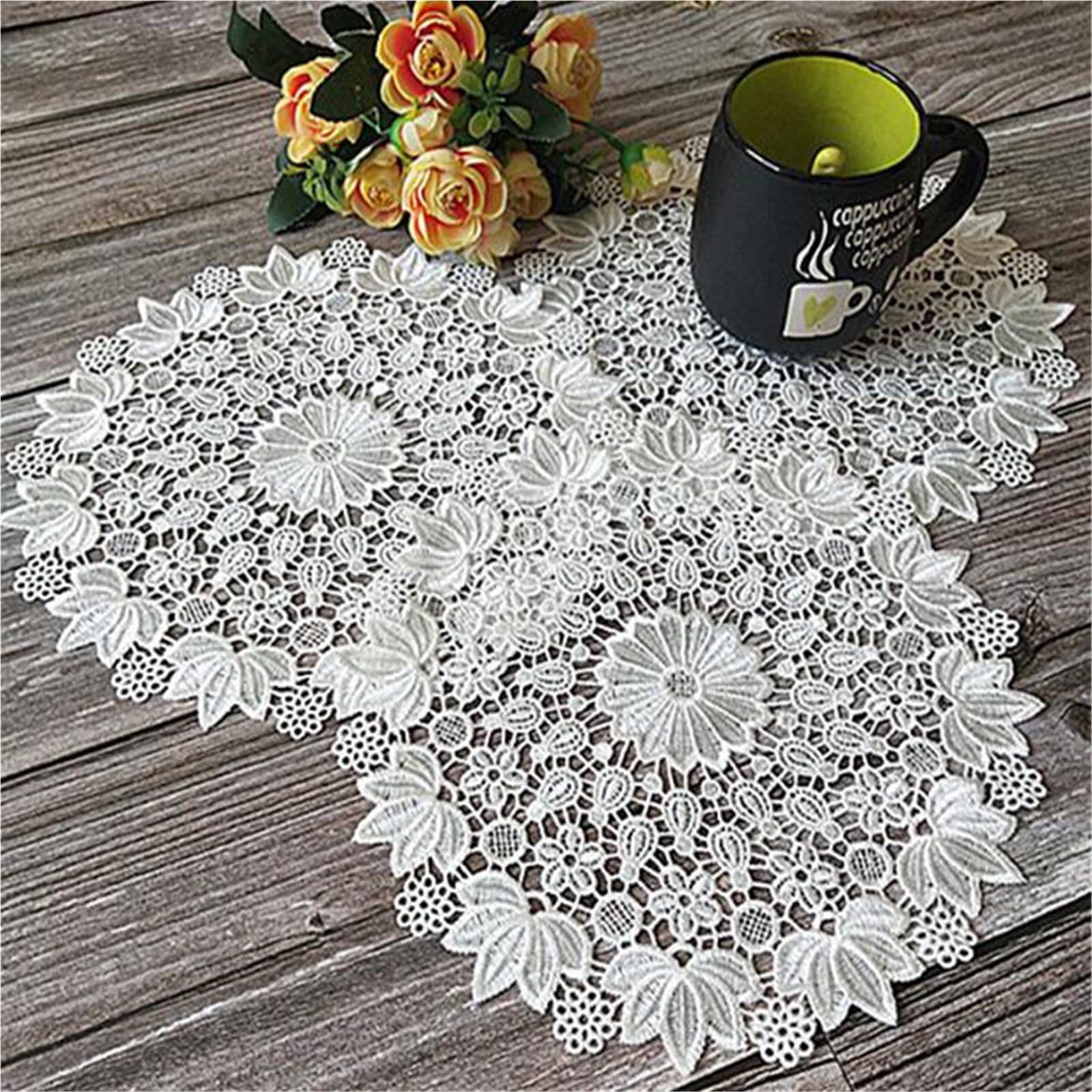 Placemats 3pc Lace Round White Embroidery Table Place Mat Wedding Pad Cloth Drink Placemat Cup Mug Dinner Tea Coaster Glass Doily Kitchen