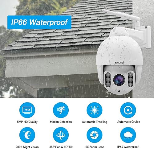 Miniatura 6 de JideTech Cámara WiFi PTZ de 5MP al aire libre, Cámara domo IP con zoom óptico 5X, Cámara de seguridad de seguimiento automático, Visión nocturna IR