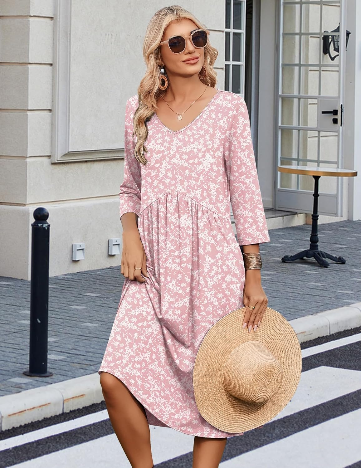 Zeagoo 3/4 Sleeve Women's Dress Casual Midi Tshirt Dresses with Pockets Empire Waist Summer Semi-Formal Boho Beach Sundress - Image 6