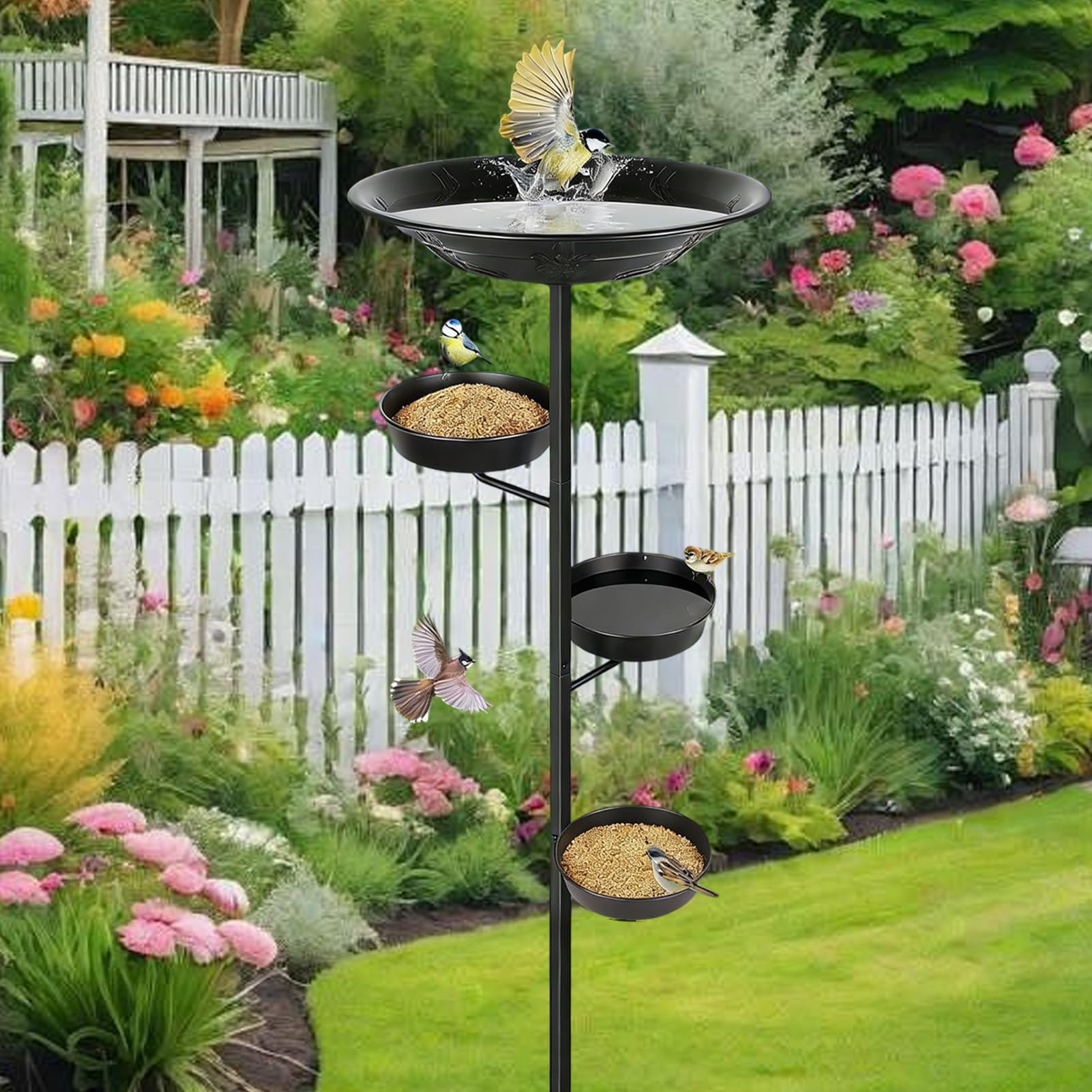 Pila o Baño para Pájaros de Metal con Estacas, Múltiples Niveles, Elegante | y Bebedero para Aves Silvestres de Exterior para Jardín, Patio, Terraza y