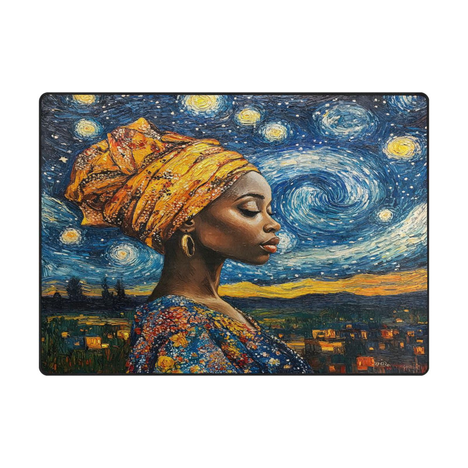 Grand tapis de sol contemporain 203x147cm salon motif fille africaine