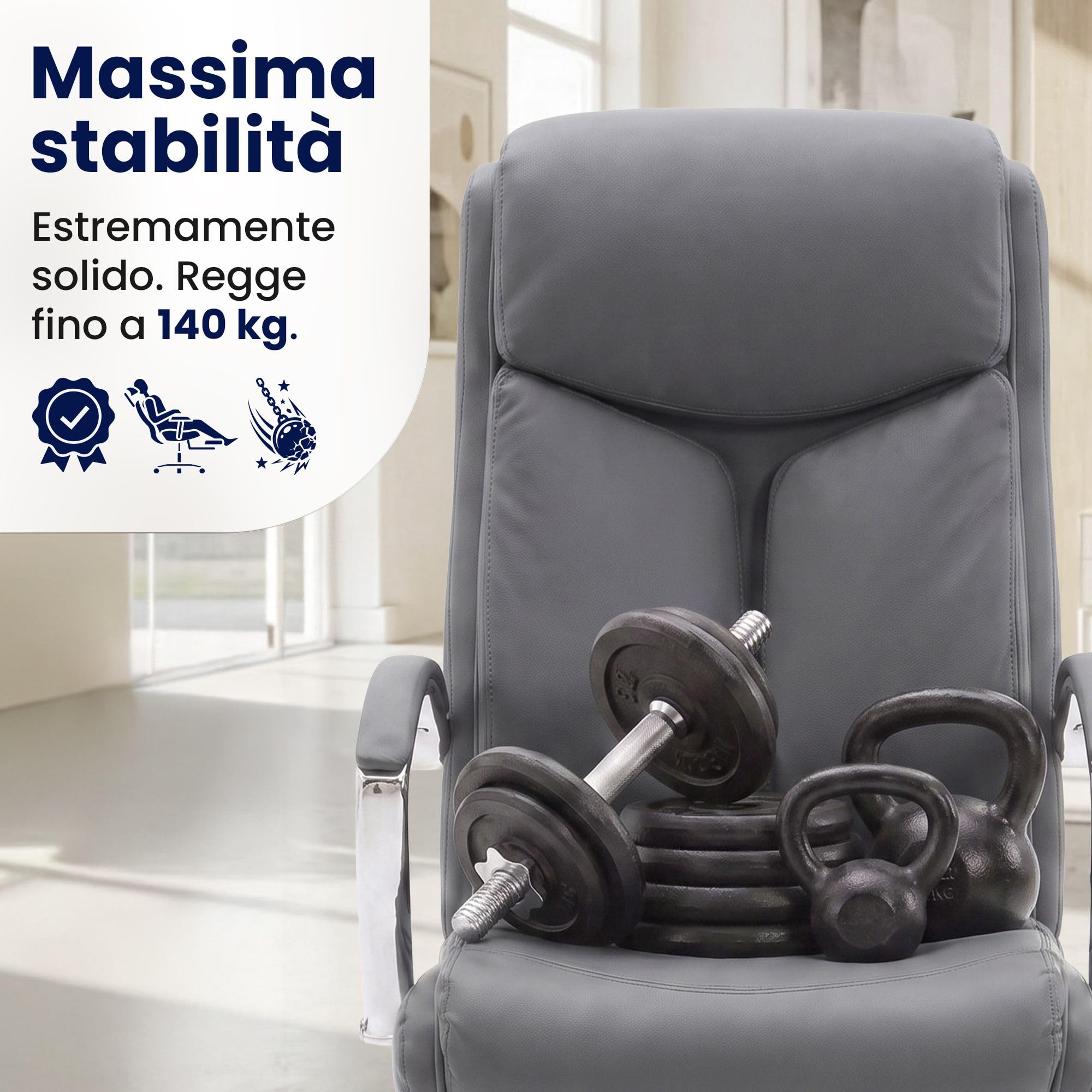 CLP Sedia da ufficio Arlen regolabile in altezza, sedia da scrivania in similpelle imbottita, girevole con braccioli e schienale, fino a 140 kg Colore:grigio