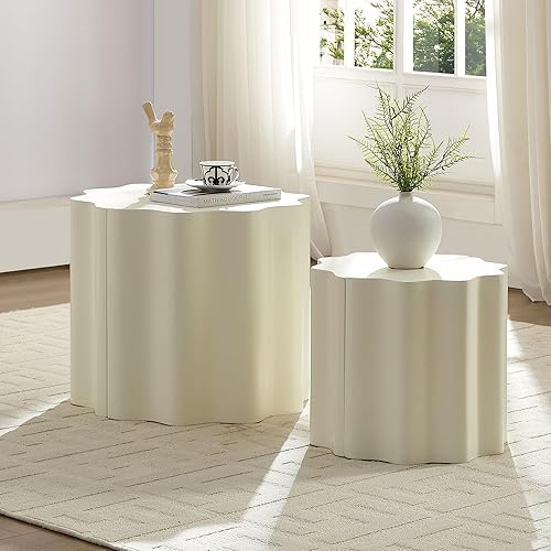 Miniatura 61 de kevinplus Juego de 2 mesas auxiliares pequeñas blancas para sala de estar, mesa auxiliar redonda de madera para dormitorio, oficina, sin montaje