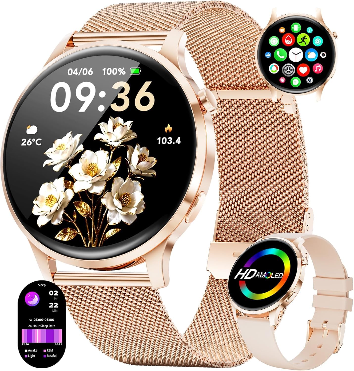 Smartwatch 1,32" AMOLED Ultra Sottile con 2 Cinturini e 2 Caricatori Inclusi, Chiamate Bluetooth, 110+ Modalità Sportive, Monitoraggio Sonno e Ciclo Mestruale, Compatibile Android e iOS