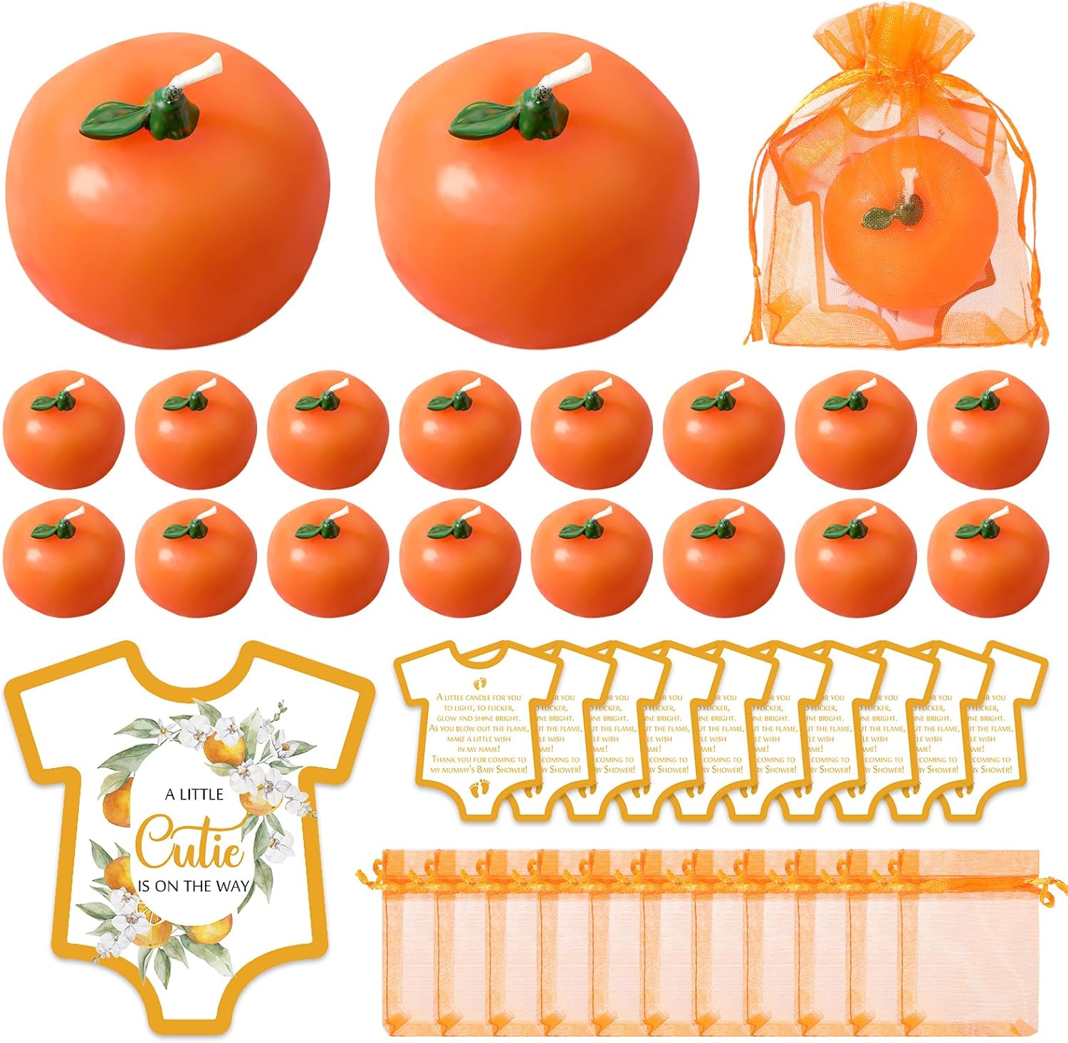 Mtlee 50 Sets Little Cute Baby Shower Fall Baby Shower Candles Favors for Guests a Little Cutie is on The Way Card and Bags for Fall Party Gender Reveal Gifts (Orange)