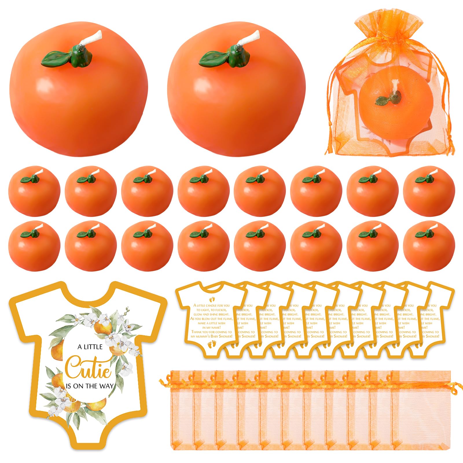 50 Sets Baby Shower Candles Favors for Guests 50 Candles Cutie Baby Shower Candles 50 a Little Cutie is on The Way Baby Shower Card and Bags for Gender Reveal Guest Gifts (Orange)