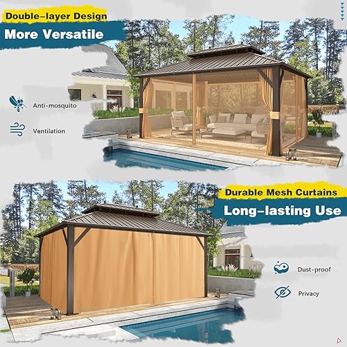 Miniatura 3 de MELLCOM - Kiosco de techo rígido de aluminio con doble techo de metal con cortina y red, pabellón de acero galvanizado permanente para patio, césped