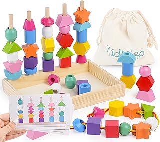 KidMigo 3-in-1 Threading Game from 3 Years, Motor Skills Toy 3 Years with Storage Compartment and Cards, Wooden Sorting and Stacking Toy, Montessori Toy from 3 4 5 Years