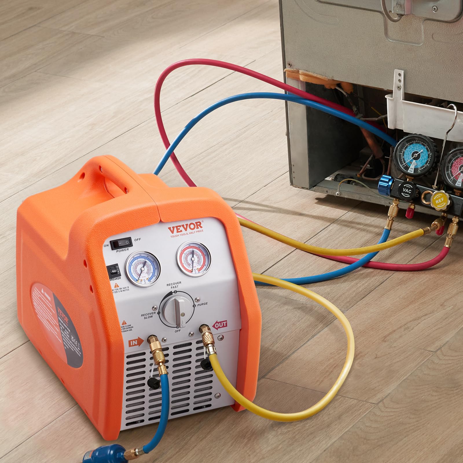 VEVOR Máquina de Recuperación de Refrigerante Portátil 3/4 HP Máquina de Recuperación con Protección de Alta Presión 2,2 kg/min Velocidad de 1450 RPM Autolimpieza para Vapor Líquido Refrigerante