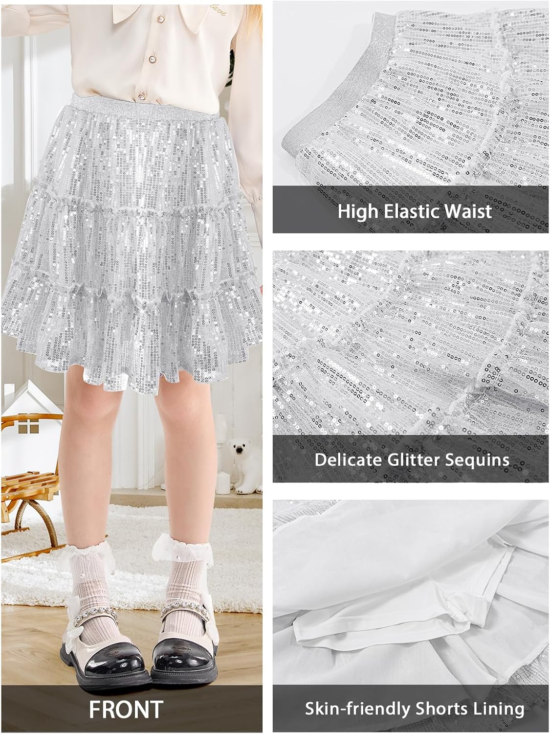 Rolanko Girls Sparkly Skirt with Built-in Shorts Elastic Waist Sequin Skirt for Kids Party 5-11Y - Image 5