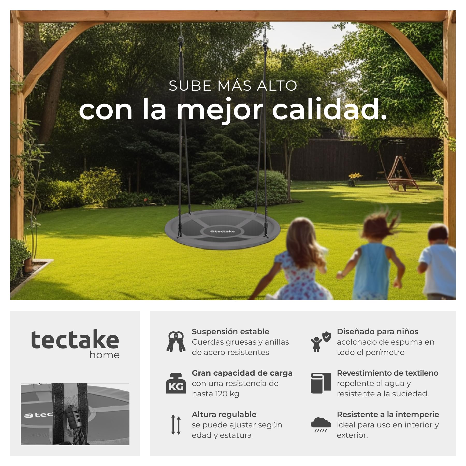 tectake® Columpio Redondo, Resistente a la Intemperie, Columpio Jardin Exterior, Cuerdas Gruesas, Soporta hasta 120 kg, Borde Acolchado, Ajuste de Altura, Silla Colgante Exterior - 120 cm Gris/Negro