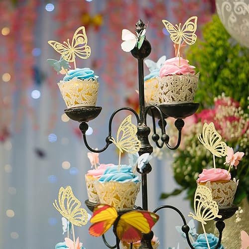 Miniatura 7 de Gyufise 36 adornos de mariposa para cupcakes con purpurina dorada montada en forma de mariposa voladora, decoración para bodas, compromisos,
