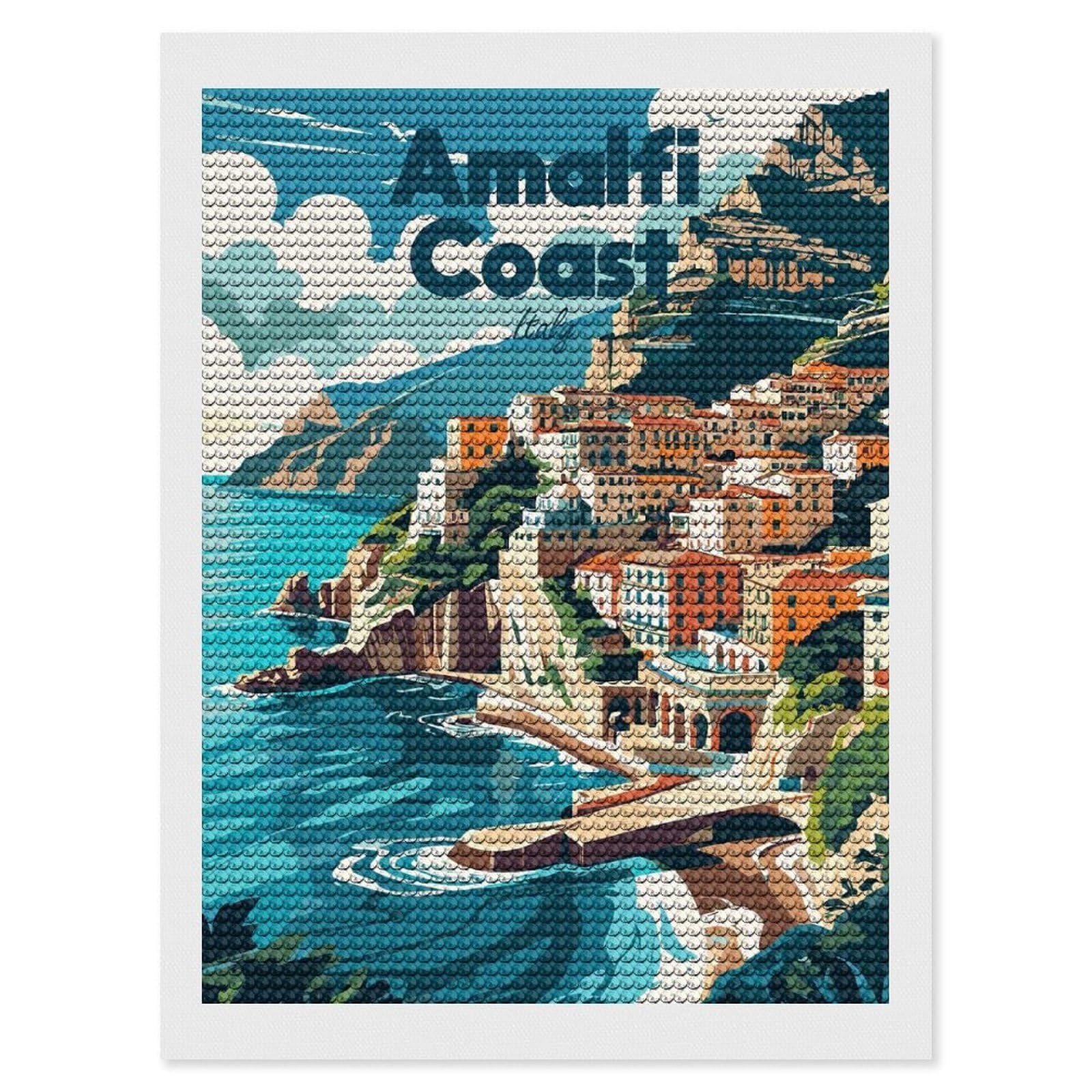Junmoney Amalfi Coast Italy Travel Diamond Art Kit 12"x16", Neat Printed Canvas, Finish and Display, Relaxing DIY Hobby, Living Room Decor