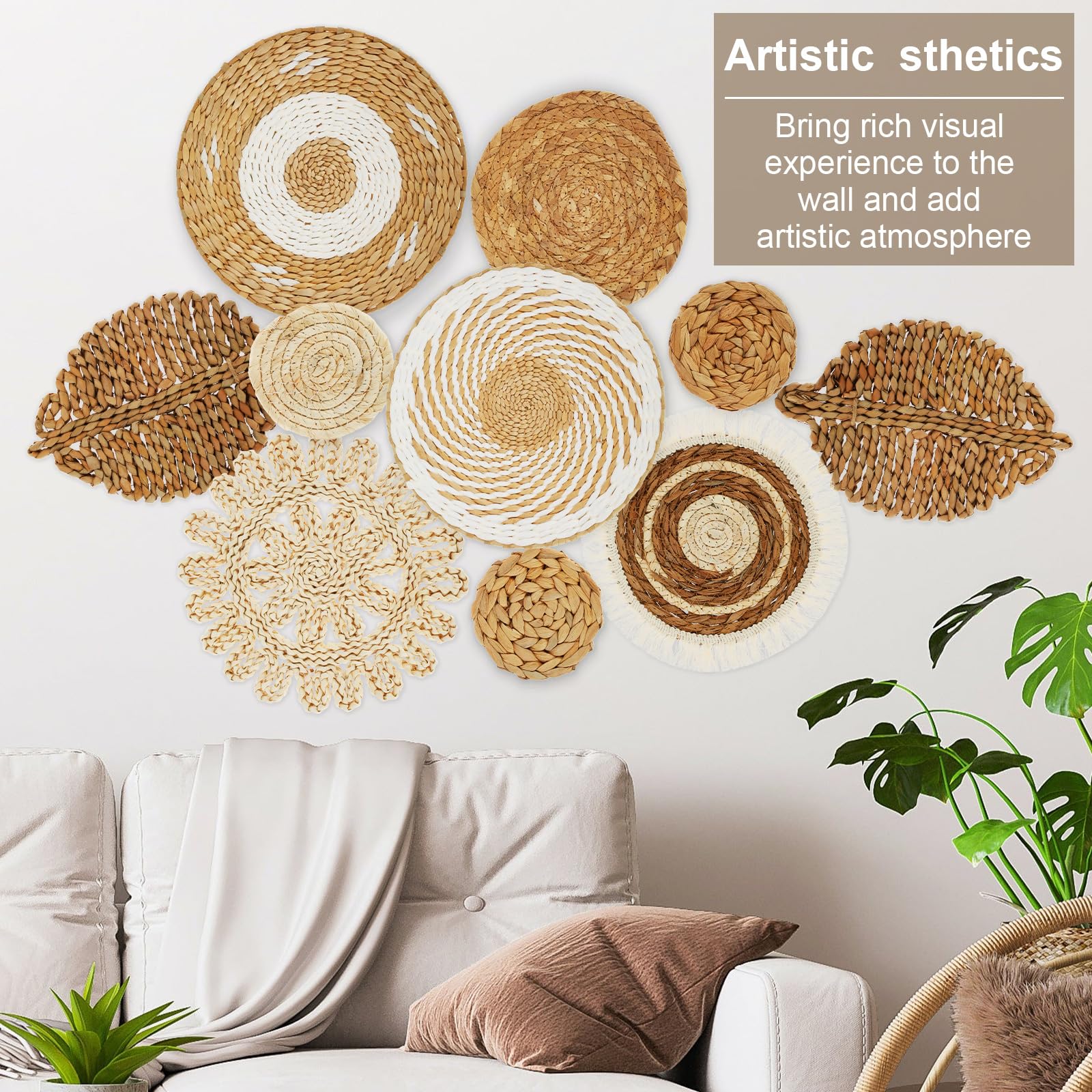 Fyeme set van 10 stuks Boho wandmanddecoratie; 7 maten; geweven wandkorven; handgemaakte natuurlijke onregelmatige wilgenmanden; wandkunst om op te hangen in de woonkamer of slaapkamer (10STUKS