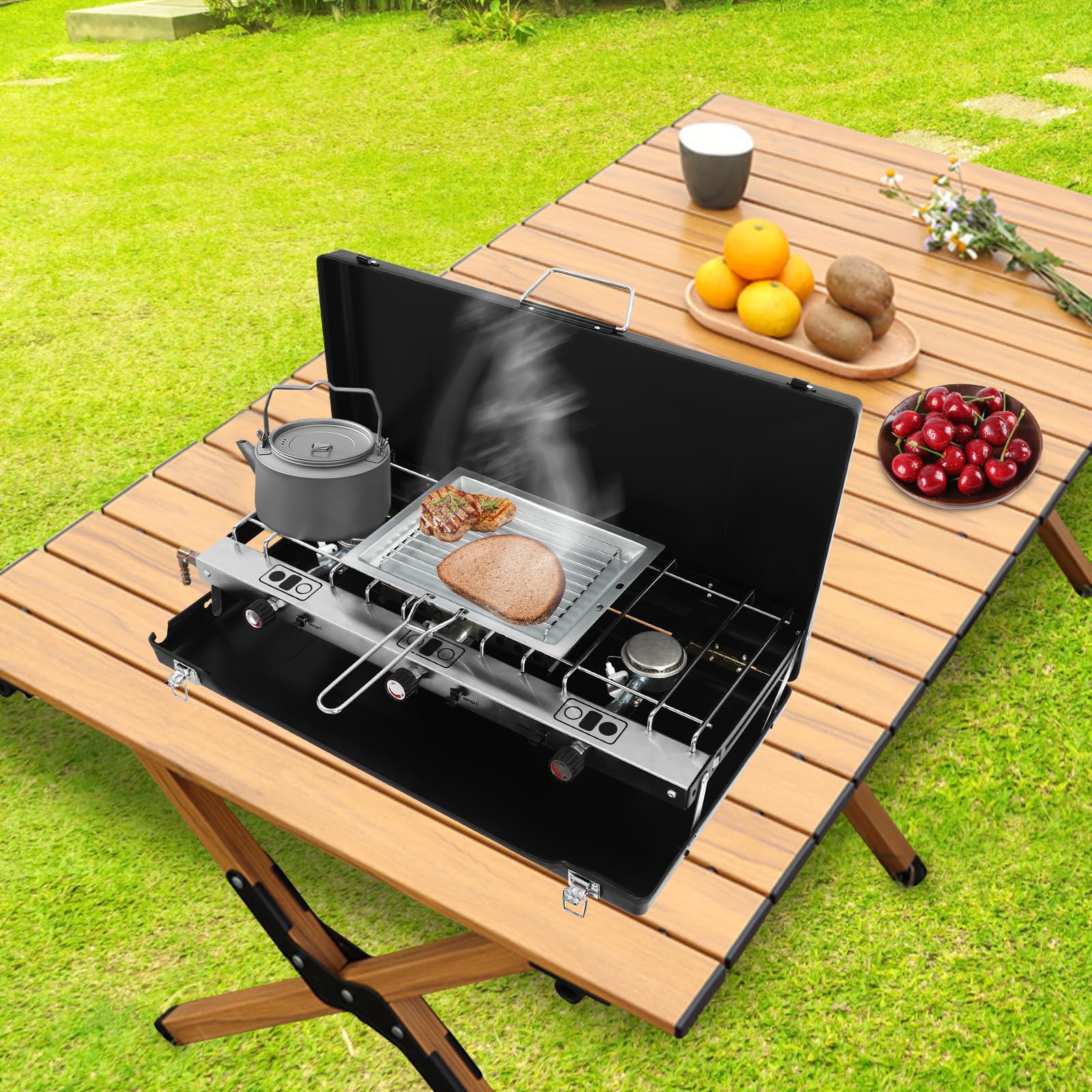 Fornello da campeggio pieghevole, fornello a gas da campeggio con 3 bruciatori e accensione piezoelettrica, 4500 W, per esterni, barbecue, picnic