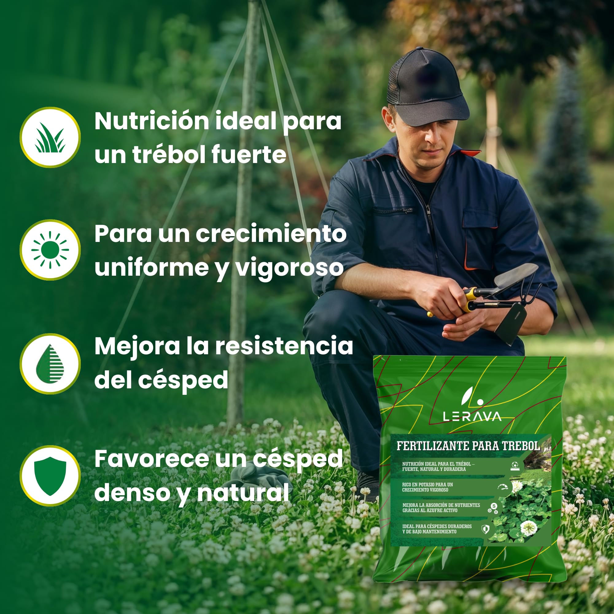 LERAVA® Fertilizante para Trébol (4,6 kg) - Abono para Jardín Verde, Fuerte y Denso - Repoblador para Césped y Trébol - Ideal para un Jardín Sano y un Césped Uniforme