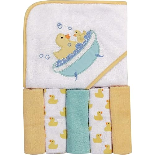 Luvable Friends Unisex Baby Hooded Towel with Five Washcloths, Bathtime Duck, One Size