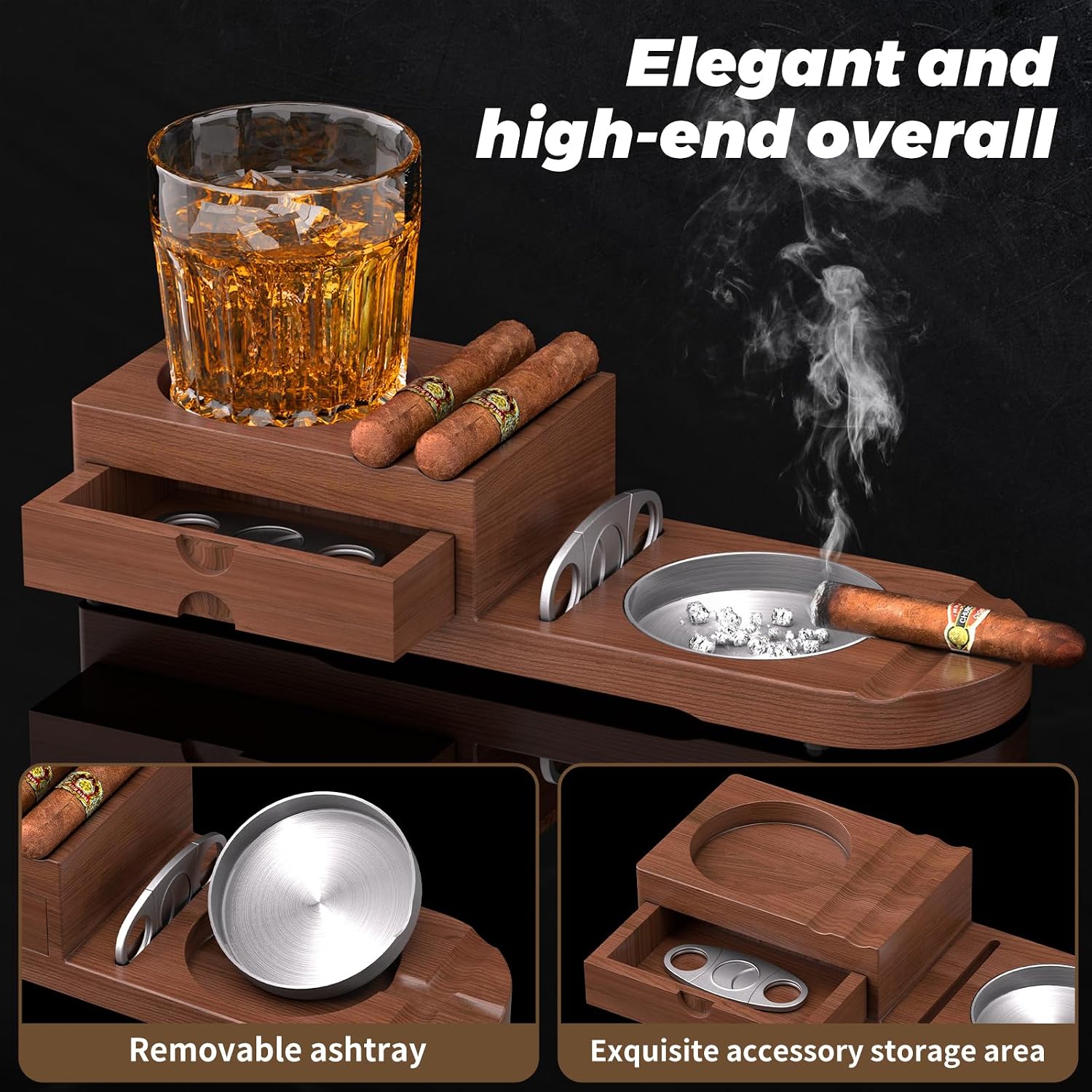 Wooden Ashtray with Whiskey Glass Holder & Cigar Rest – 4-in-1 Tray with Cutter Slot and Humidor, Accessories Set for Men Gift, Perfect Holiday Present, Elegant Design image 5