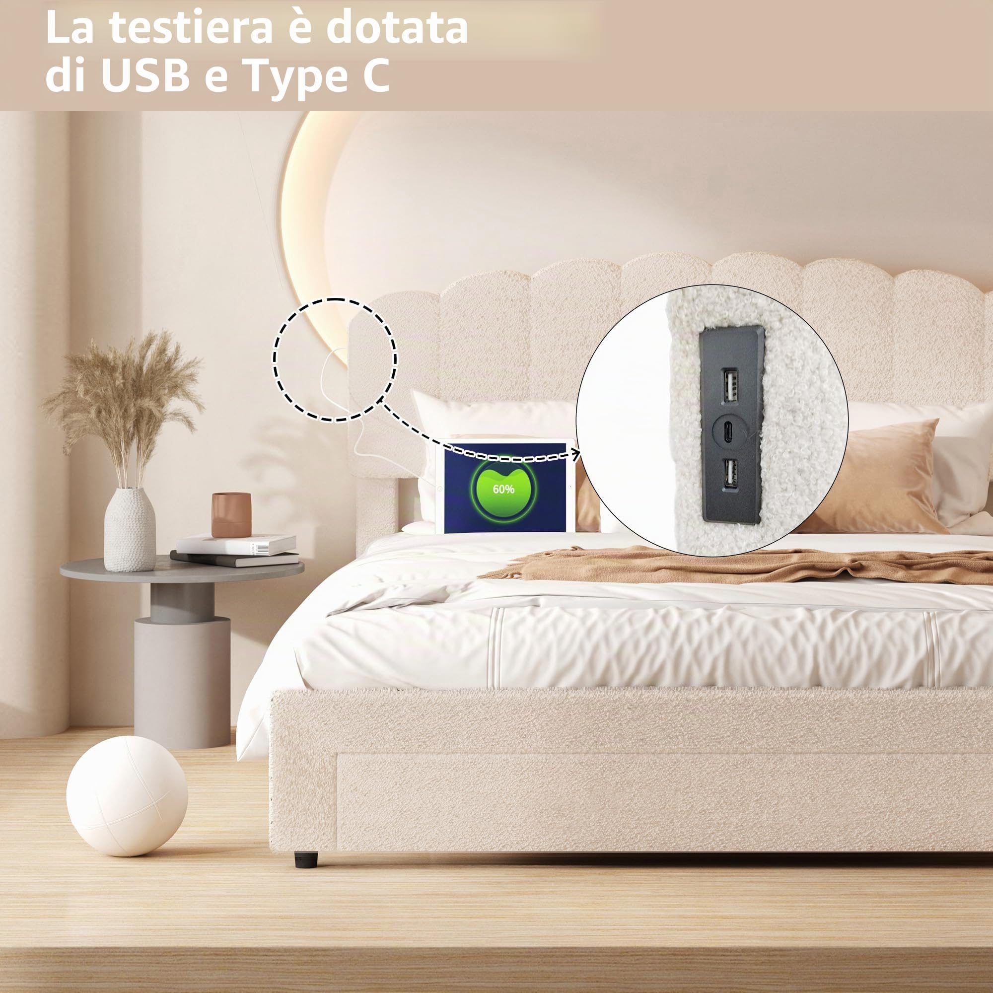 Letto imbottito 140 x 200 cm, letto matrimoniale con 1 cassetto e rete a doghe, testiera regolabile in altezza con funzione di ricarica USB-C – Letto per riporre lo schienale del letto, Teddy