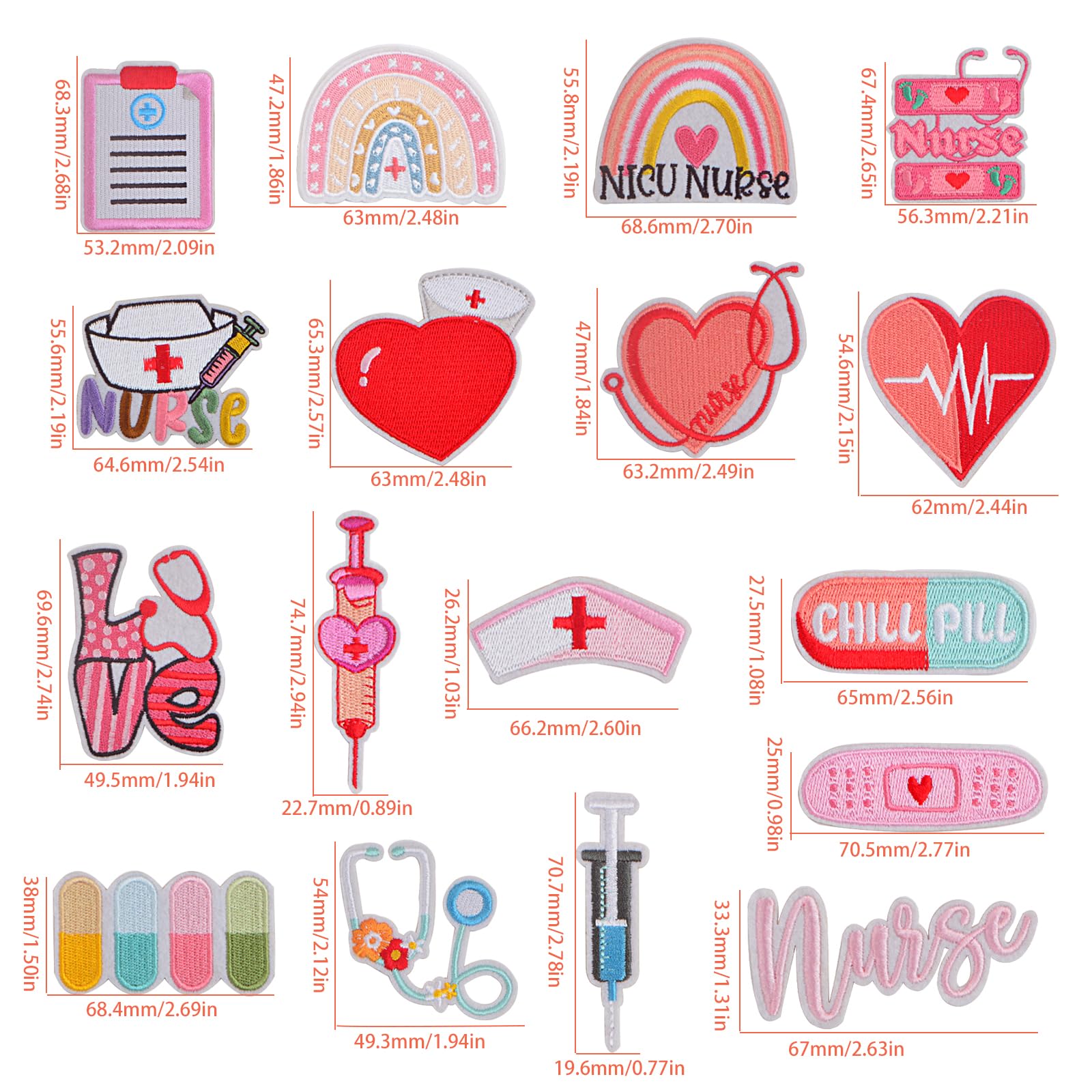 17 parches termoadhesivos para el día de la enfermera para ropa, dibujos animados, anime, píldora, corazón, arco iris, jeringa, médico, enfermería, parches bordados para coser en camisetas, jeans,