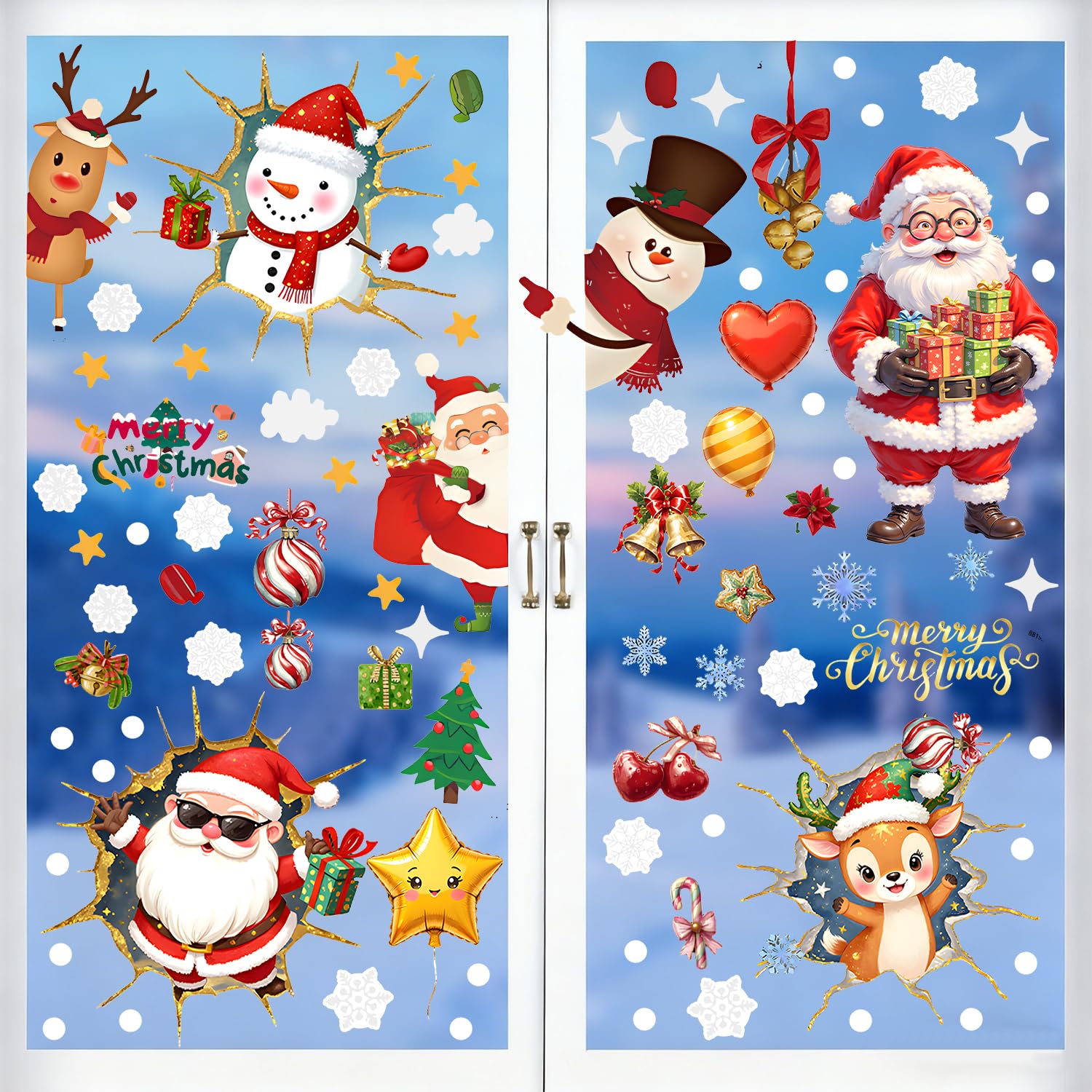Christmas Window Stickers, 9 Sheets Christmas Window Decorations, Xmas Snowflake Snowman Window Clings Decorations for Xmas Window Indoor Decorations -B