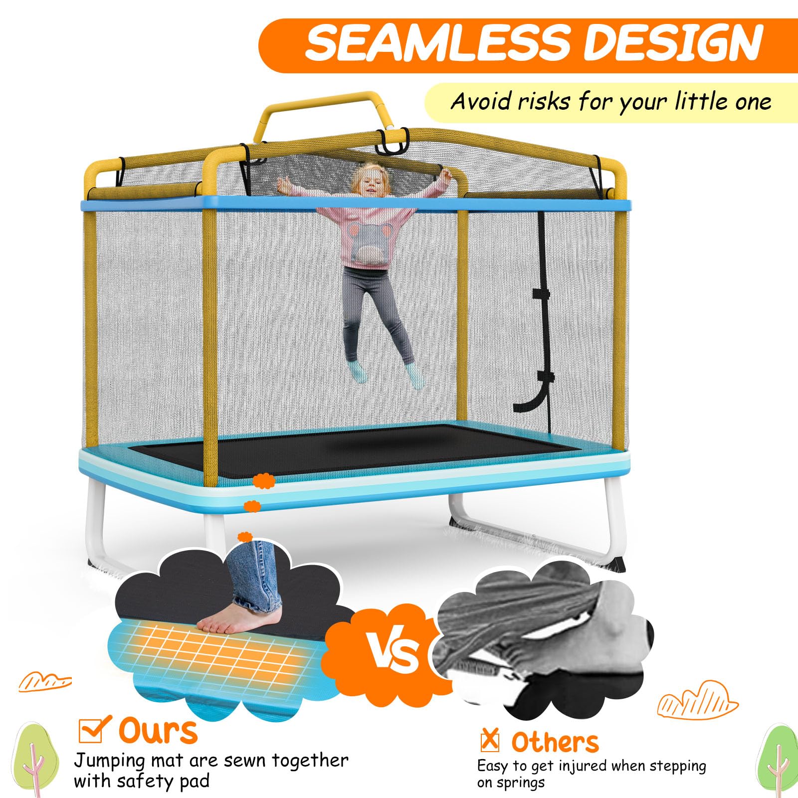 LIFEZEAL 3 en 1 Trampoline Enfant avec Balançoire Amovible & Barre Horizontale, Trampoline Extérieur 190x124x172 cm avec Charge de 200 kg pour 2-3 Enfants
