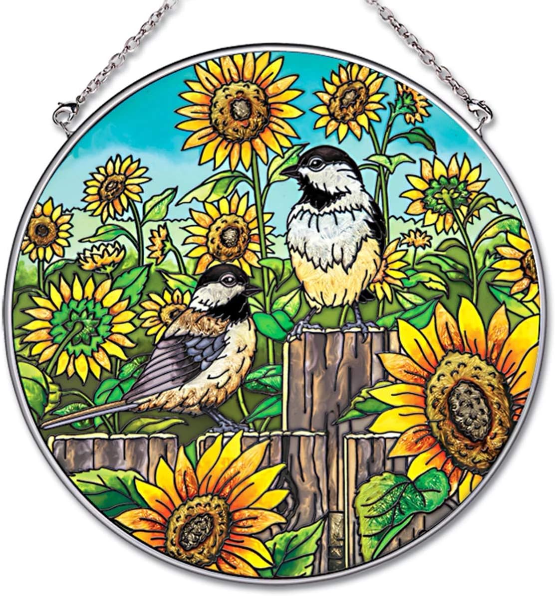Amia Suncatcher - Birds and Sunflowers Hand-Painted Glass - 6.5 Inch