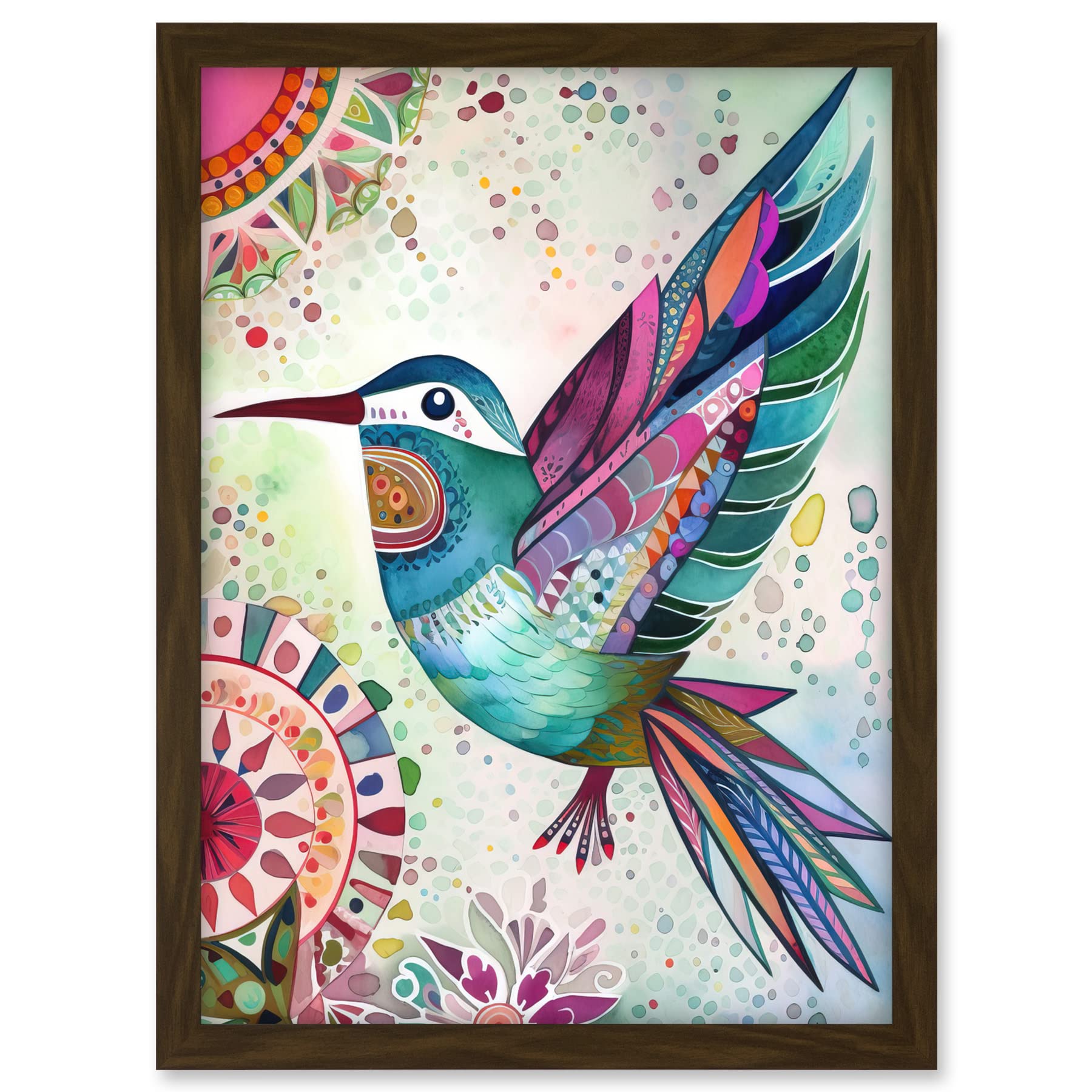Artery8 Hummingbird With Multicolour Mandala Patterns Folk Art Watercolour Painting Artwork Framed A3 Wall Art Print