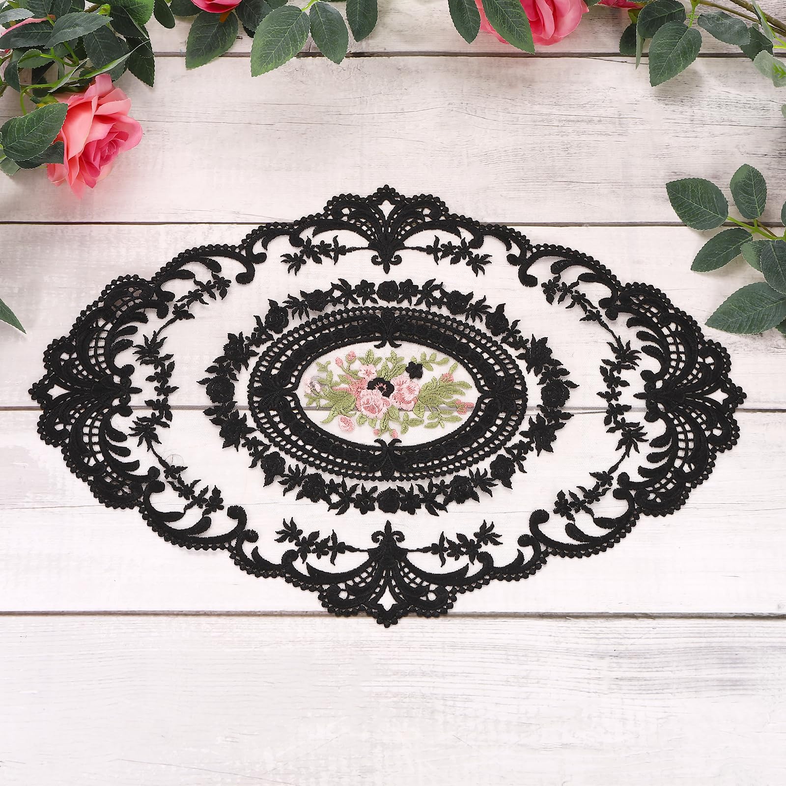 sourcing map 3 Pcs Retro Lace Placemats, 12x17-in Vintage Table Doilies Oval Embroidered Crochet Lace Dolly Cup Mat for Table Vase Home Decor, Black