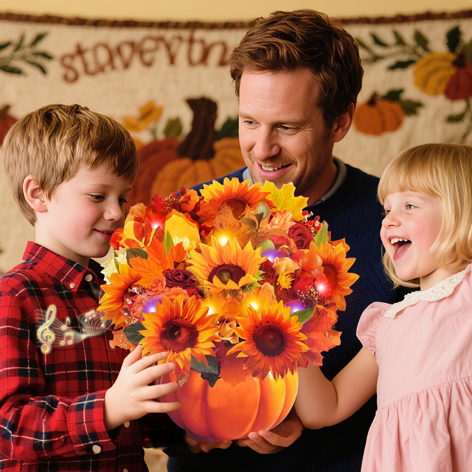 APOTODITO Tarjetas de Acción de Gracias, ramo de flores de otoño desplegable con música y luz, regalos de Acción de Gracias de 12 pulgadas, regalos de Halloween para ella, mamá, mujer, esposa, hermana
