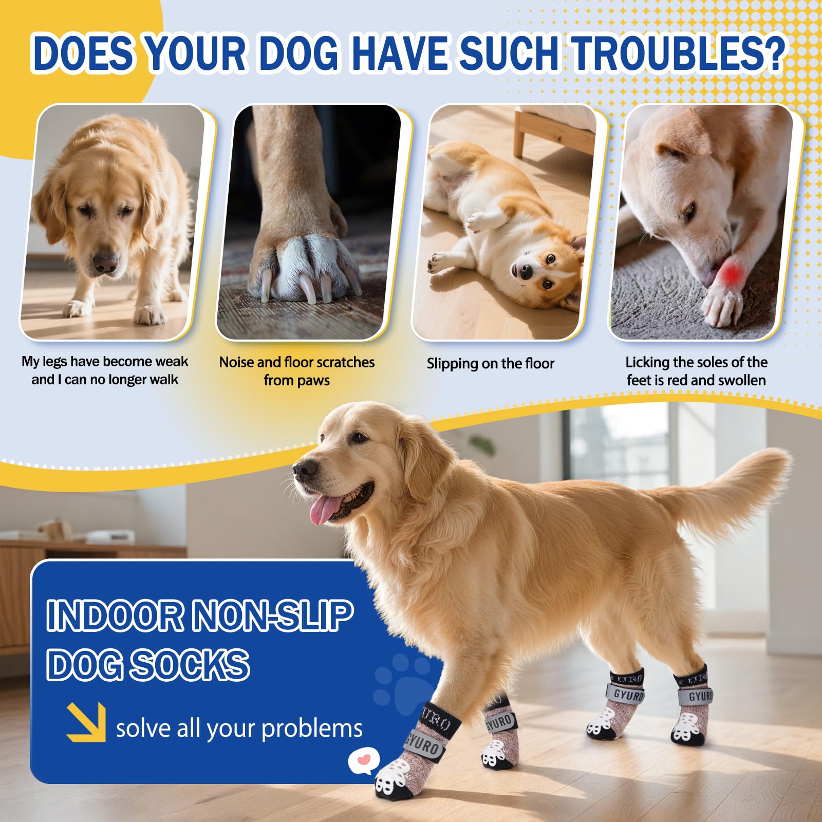 GYURO 4-Sided Anti Slip Dog Socks Paws Stop Licking with Adjustable Reflective Strap, Indoor Paw Protection - Image 2