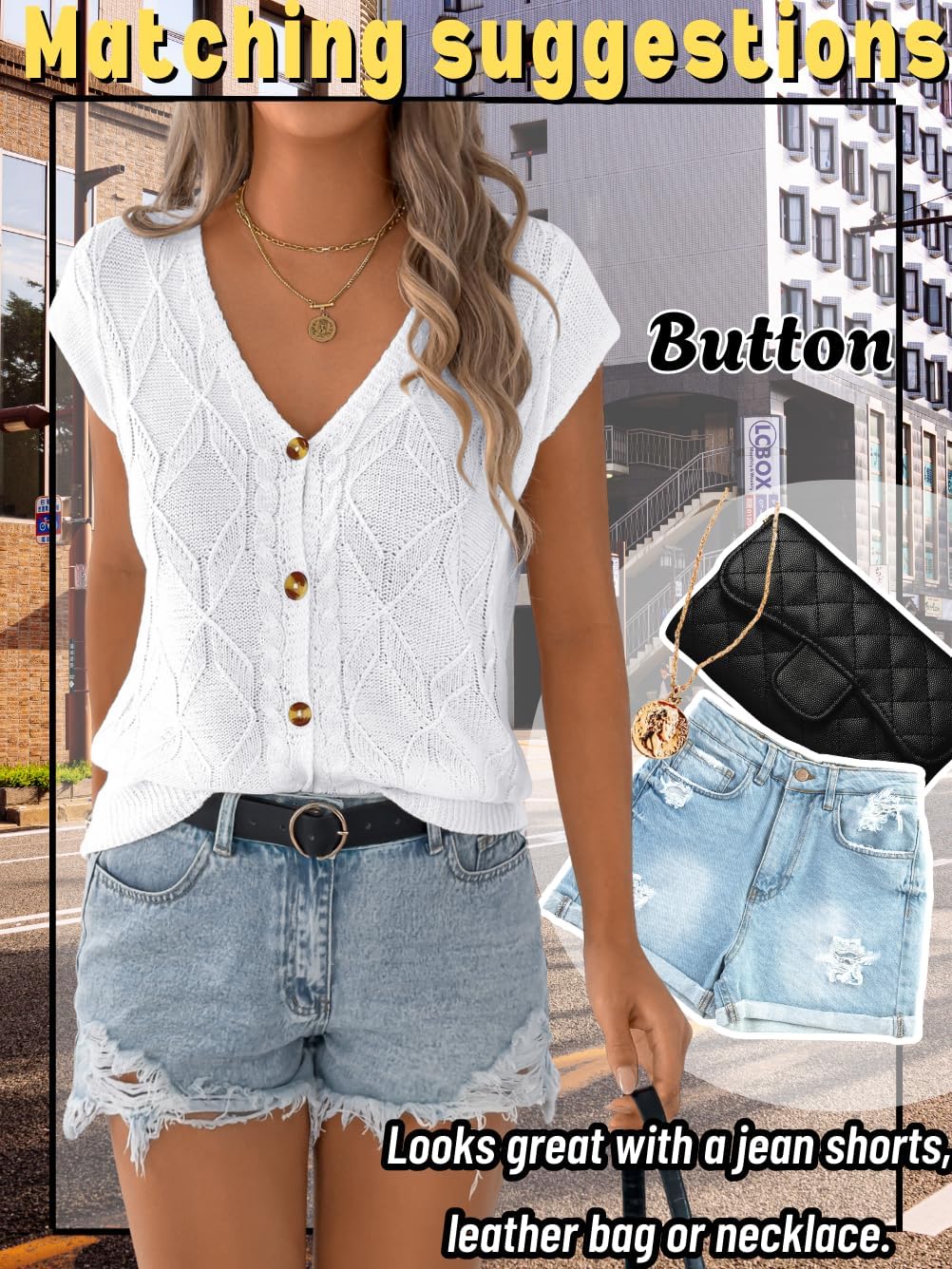 Women Cap Sleeve V Neck Sweater Vest Top, Cable Knit Button Down Cardigan Sweaters, Lightweight Trendy Casual Outfits
