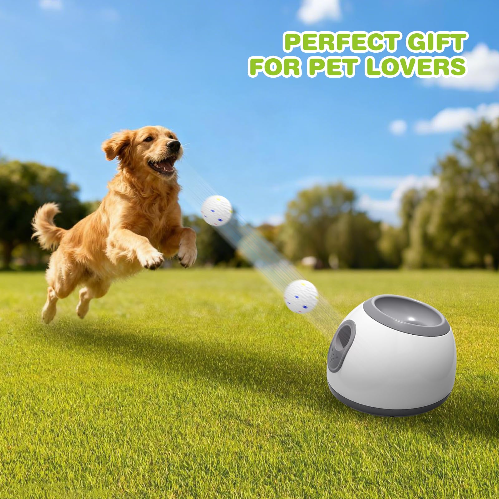 Lanzador de Pelotas para Perros，Lanza Pelotas Perro con 6 Pelotas de Tenis de 2''，Pelota interactiva Perro Distancia Ajustable 10/20/30ft para Interior y Exterior