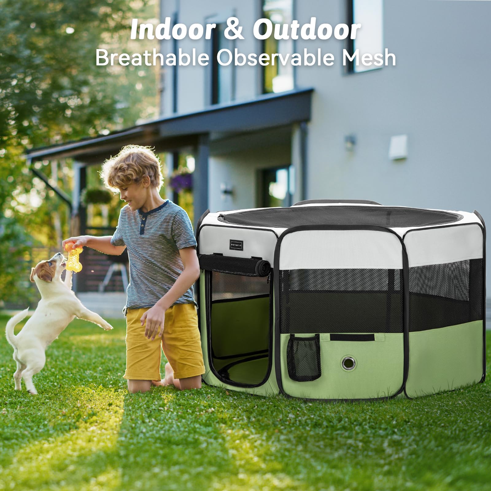 PETSFIT Parque plegable para cachorros y animales pequeños, perros y gatos, impermeable y lavable, con fusibles con cremallera, parque para perros para camping, viajes, gris y verde, S