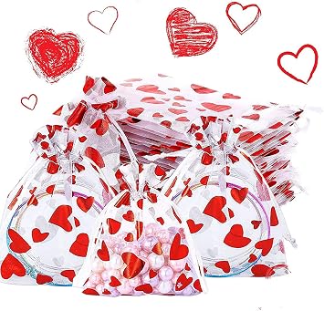 Moonear Heart Candy Bag Organza Jewelry Pouches, Valentines Drawstring Gift Pouch for Valentines Day Wedding Party Favor50pcs