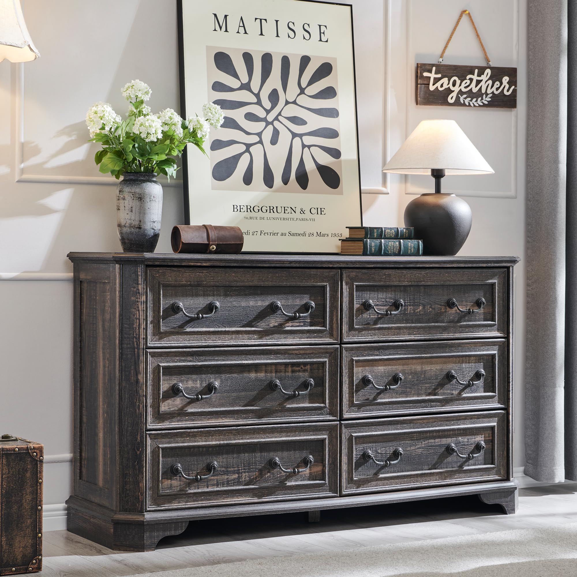 Cassettiera con 6 cassetti, 137 cm di larghezza, design vintage, per camera da letto e soggiorno, rovere rustico scuro