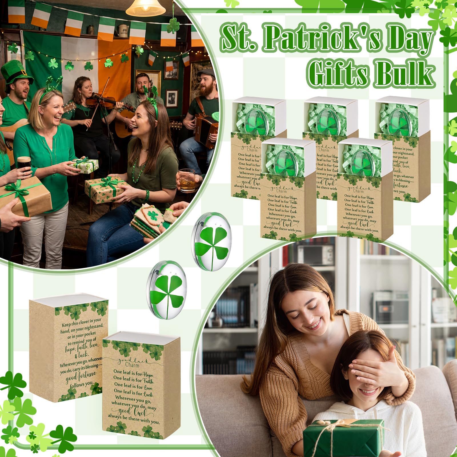 Bucherry 20 Set St. Patrick's Day Gift Bulk Four Leaf Clover Glass Token Charms with Greeting Boxes Irish Day Lucky Shamrock Gifts for DIY Friends Coworkers Employee Office Party Favors (Oval) — view 4