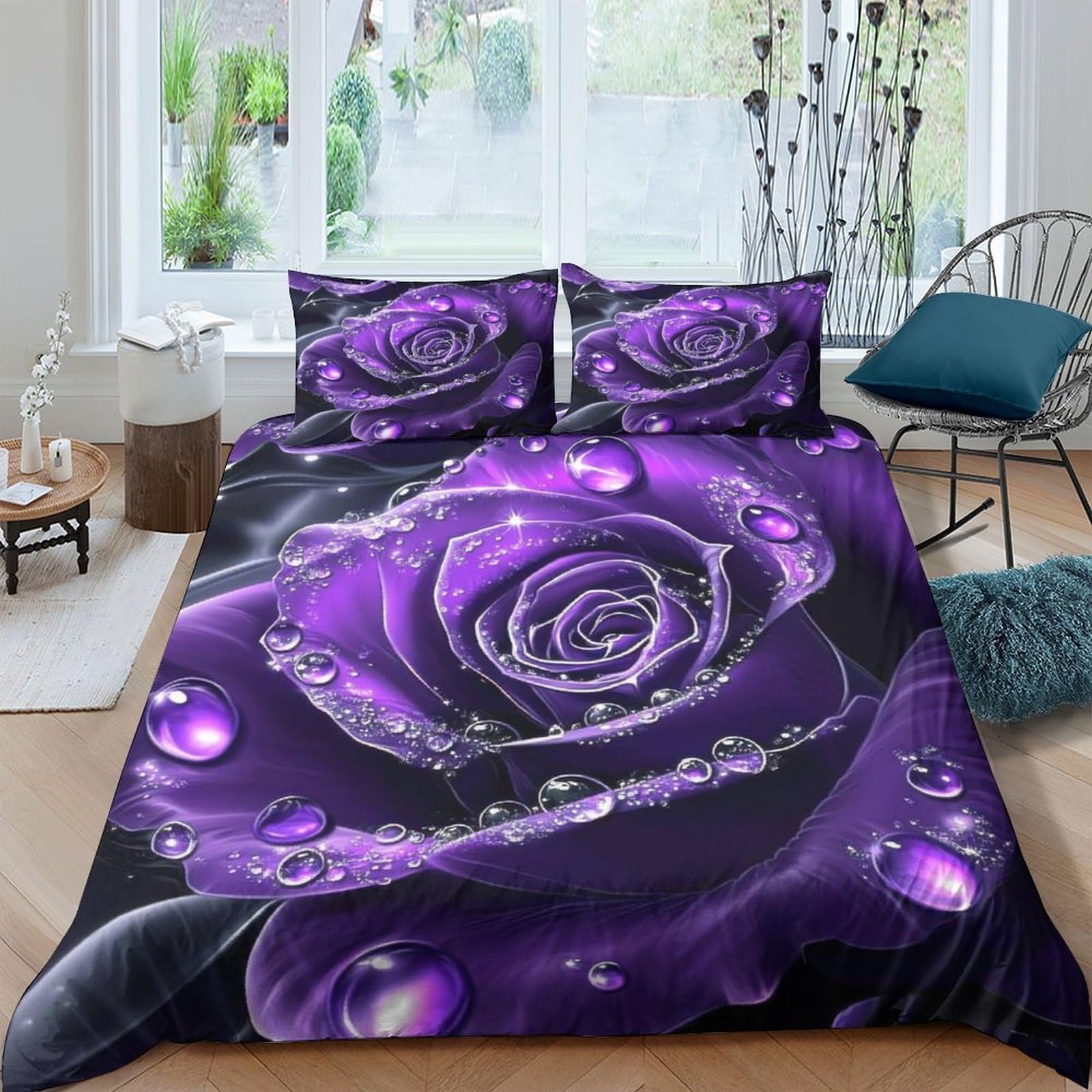 Ctjqhvkz Style-9 3D Printed Purple Rose Fitted Sheet Microfiber Soft Anti-Slip Waterdrop Flower Bed Cover For Bedroom Guestroom Decor Single（135X200cm）