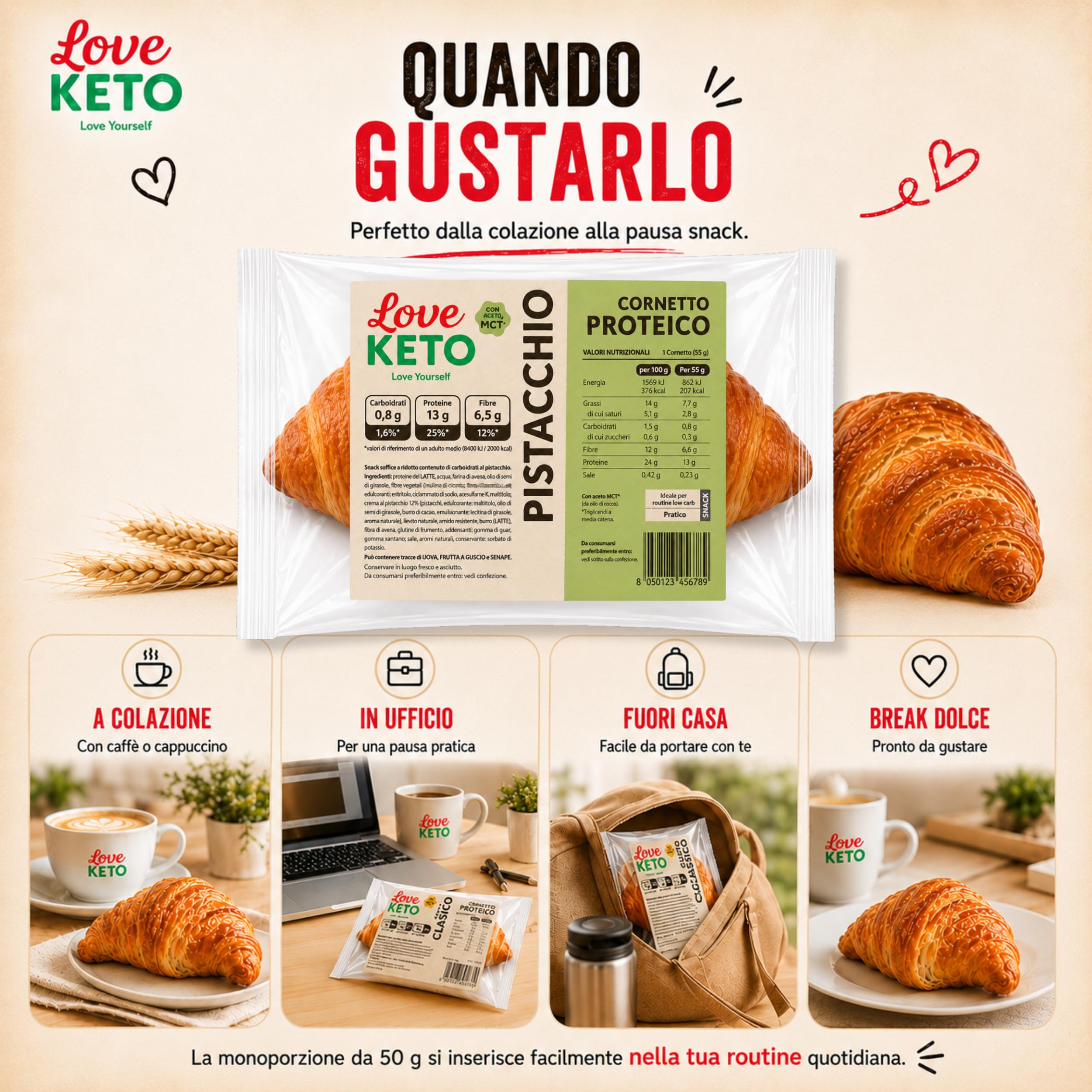 Cornetti proteici low carb ripieni al pistacchio 20 confezioni da 50gr - Made in Italy
