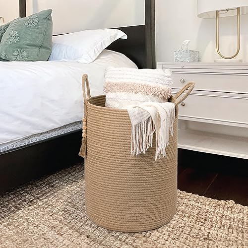 Miniatura 6 de Goodpick Cesta alta de mimbre para lavandería con asas, cesta de almacenamiento decorativa bohemia para sala de estar, dormitorio, entrada, baño,