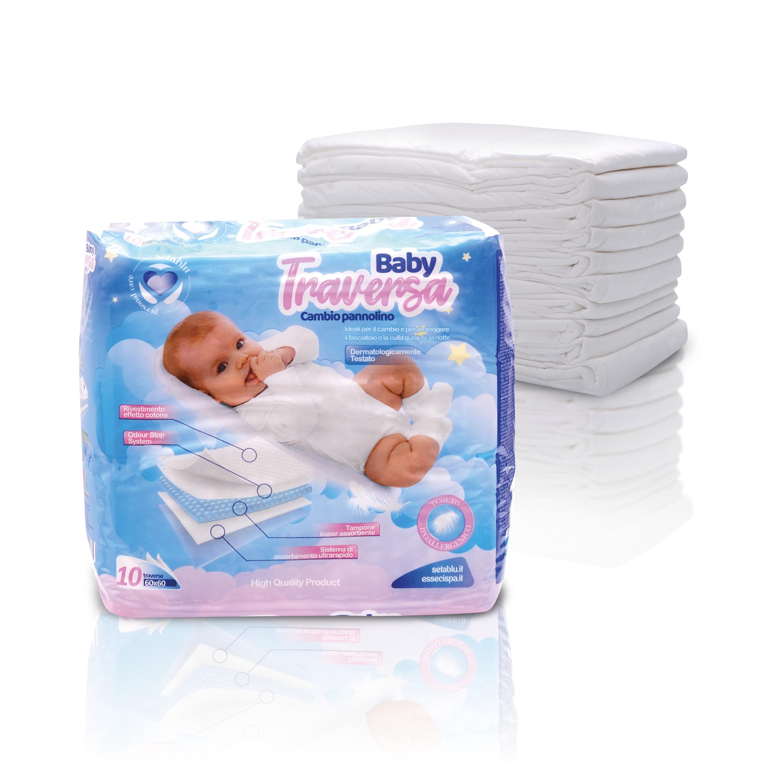 DETERMONDO 50 Traversine Assorbenti 60x60 cm per Bambini Usa e Getta per Letto e Fasciatoio Assorbenza Elevata a 5 Strati in Cellulosa