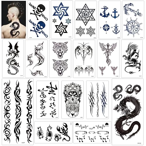 Tatuaje temporal para adultos, niños, mujeres y hombres (18 hojas), calcomanías de tatuaje temporal Konsait Kit de papel de tatuaje falso para